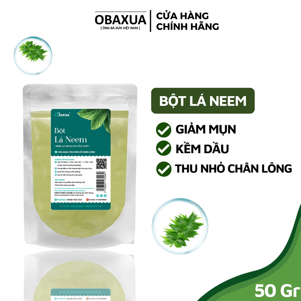 Bột lá neem OBAXUA nguyên chất - Dùng đắp mặt nạ ngăn ngừa mụn dưỡng da trắng hồng