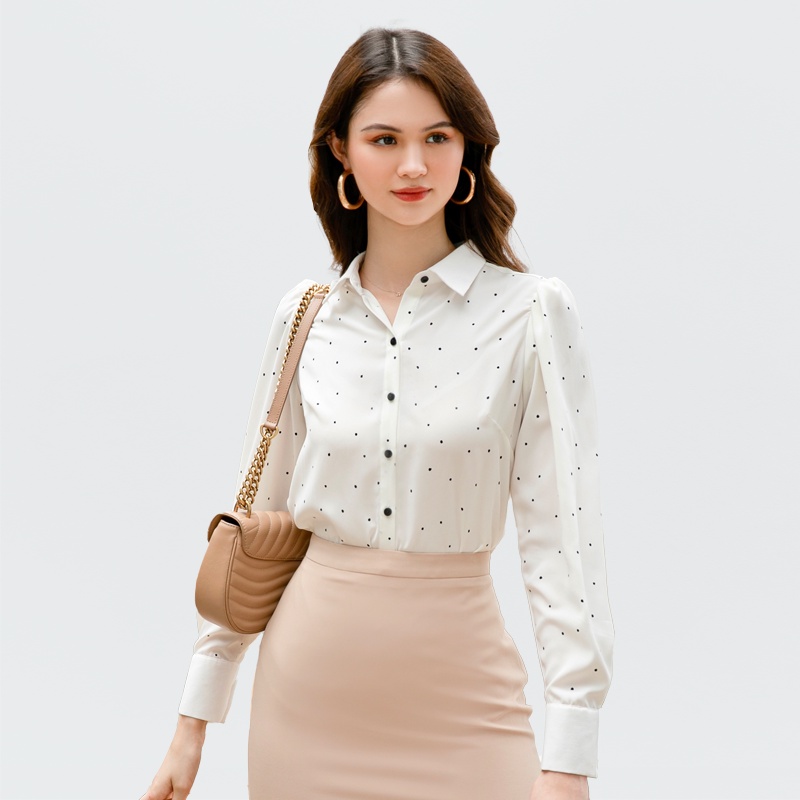 Áo Sơ Mi Lụa Chấm Bi Nhỏ Thưa White