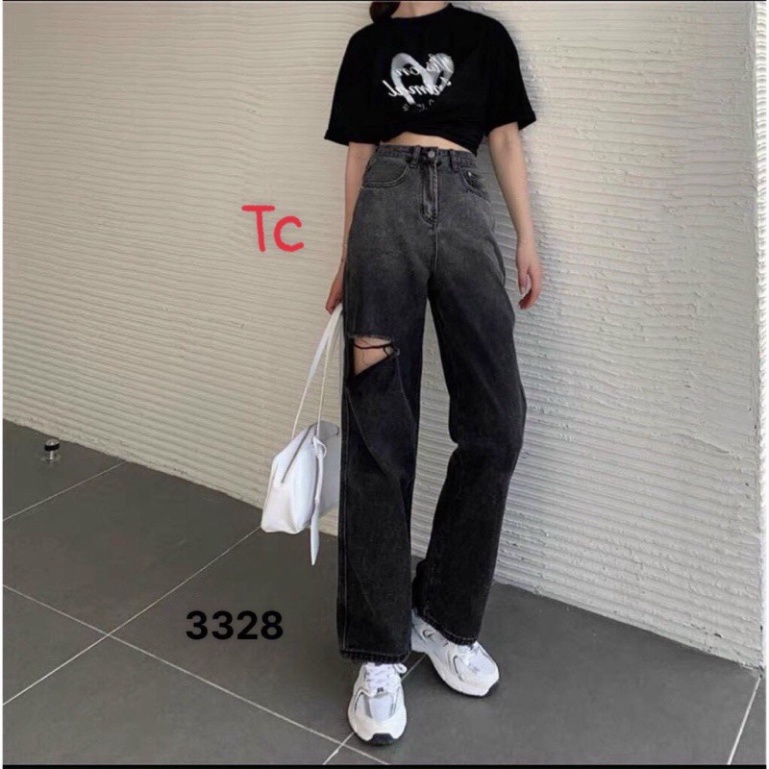 Quần bò ống rộng loang khói trơn và rách#quần jeans ống rộng loang trơn và rách