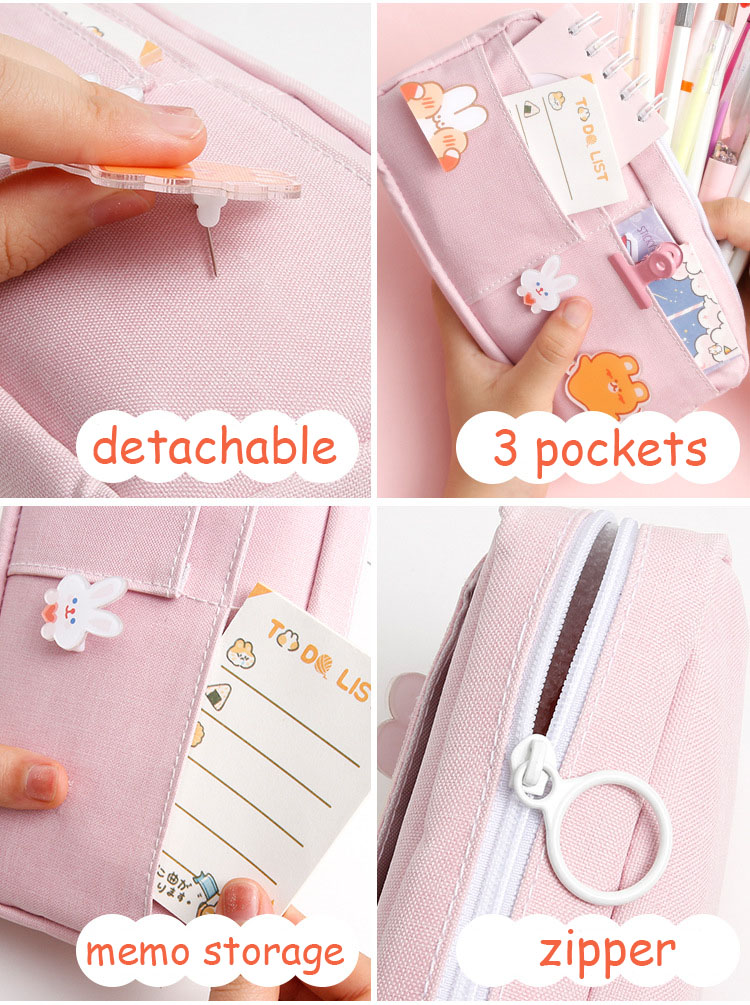 School Supplies kawaii Large Capacity Pencil Case Storage Canvas Pencil Bag Cute Makeup Bag for Girl Kids Gift w/ Badge