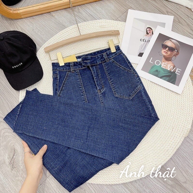 Quần Jeans Nữ Xanh Đậm Co Giãn Túi Cách Điệu Rua Ống Fullsize Ulzzang QJ62