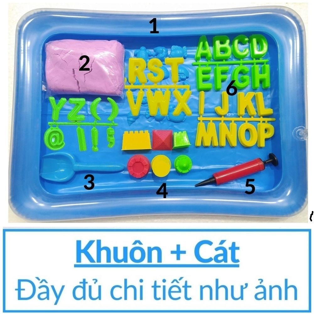 Đồ chơi cát động lực tránh dính tay và dây màu loại Đủ bộ cát 1kg + Bể hơi + Khuôn lâu đài và học chữ số mã 50013