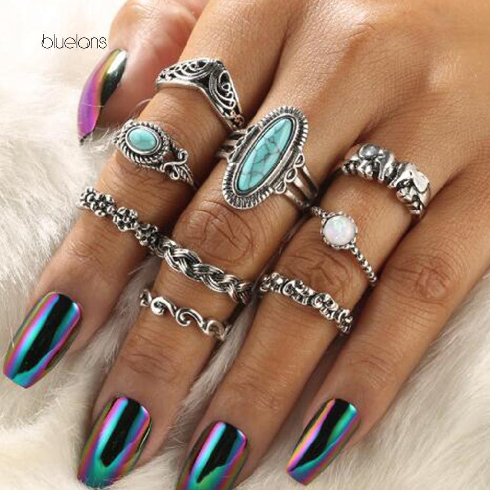 Đèn Bluelans Bluelans Bluelans Chất Lượng Cao❈Vòng Đeo Tay Kiểu Hàn Quốc Chất Lượng Cao❈Bộ Chín Chiếc Nhẫn Kim Loại Hình Học Đính Đá Ngọc Lam Phong Cách Dân Tộc Thời Trang