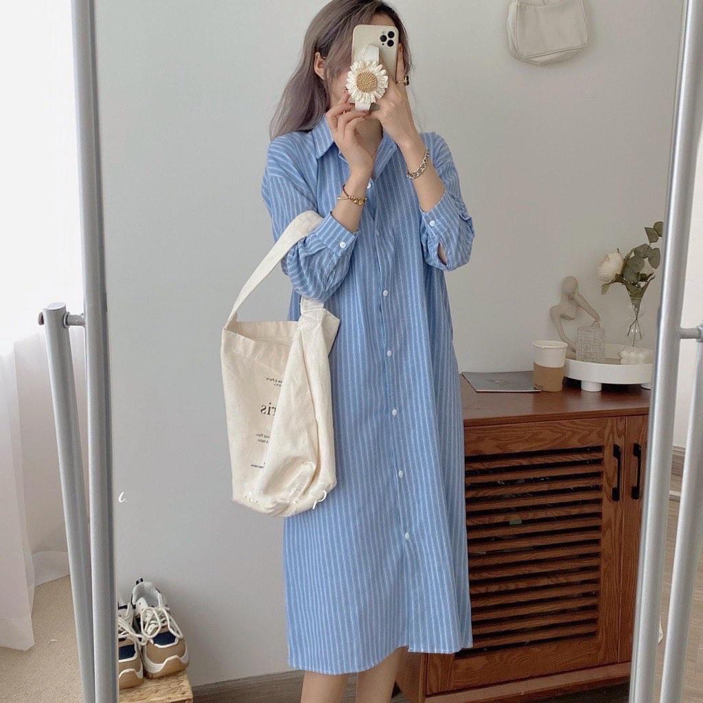 Đầm sơ mi nữ kẻ sọc dáng suông Vintage V8442 Váy sơ mi Maxi dài tay kèm đai thời trang học sinh công sở Style Hàn Quốc