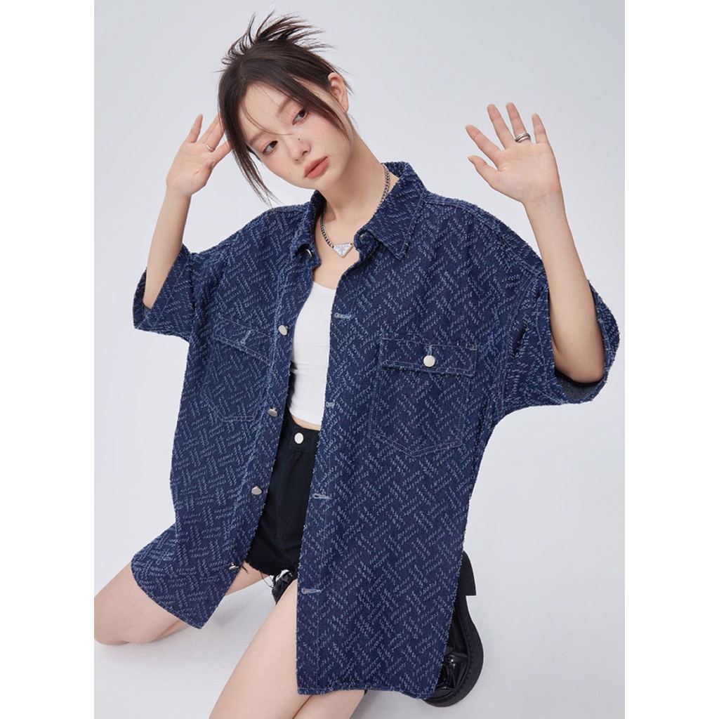 Ethelgirl Áo Sơ Mi denim Mỏng Tay Ngắn Phong Cách retro Thời Trang Dành Cho Nữ