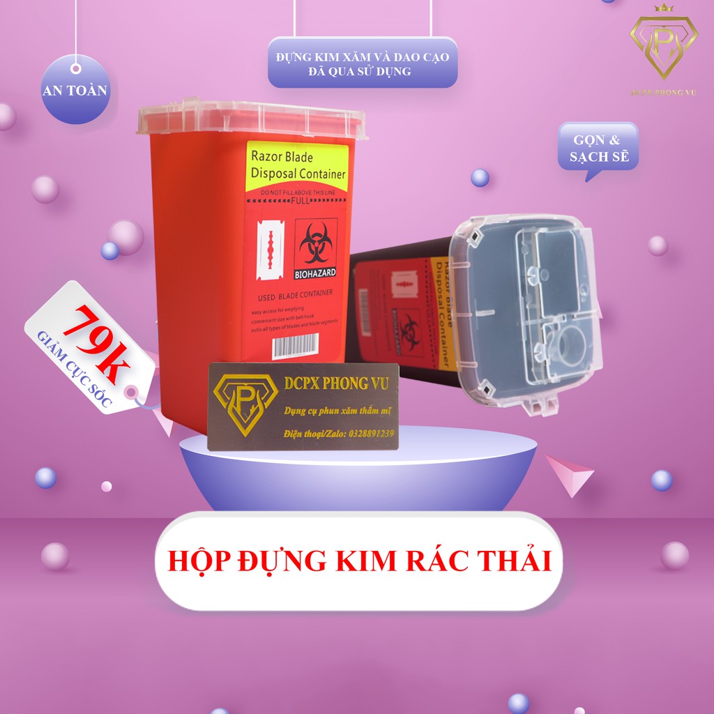 Hộp đựng kim rác thải trong phun xăm và y tế, thùng rác mini đựng kim bông lau phun xăm - DCPX PHONG VU