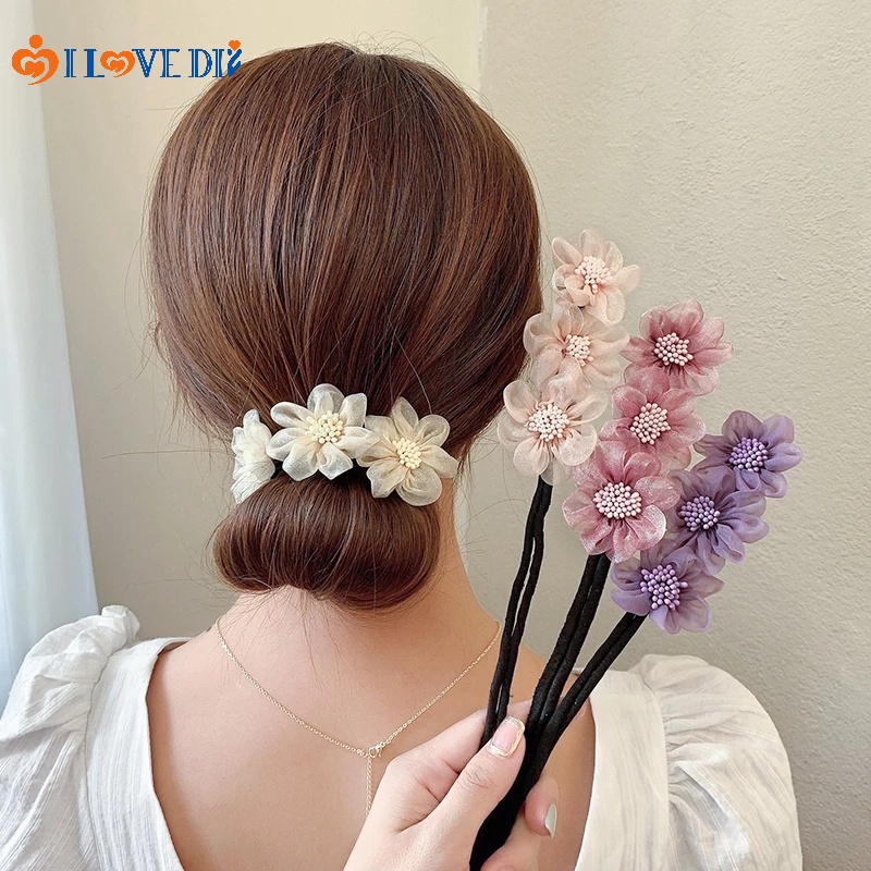 Dây Buộc Tóc Lưới Hình Hoa/Bướm Lấp Lánh Thời Trang Cho Nữ