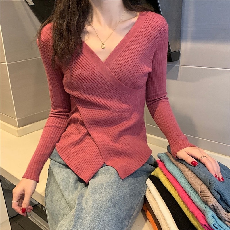 Áo Thun Dệt Kim Tay Dài Cổ Chữ V Màu Trơn Thời Trang Phong Cách Phương Tây Dành Cho Nữ