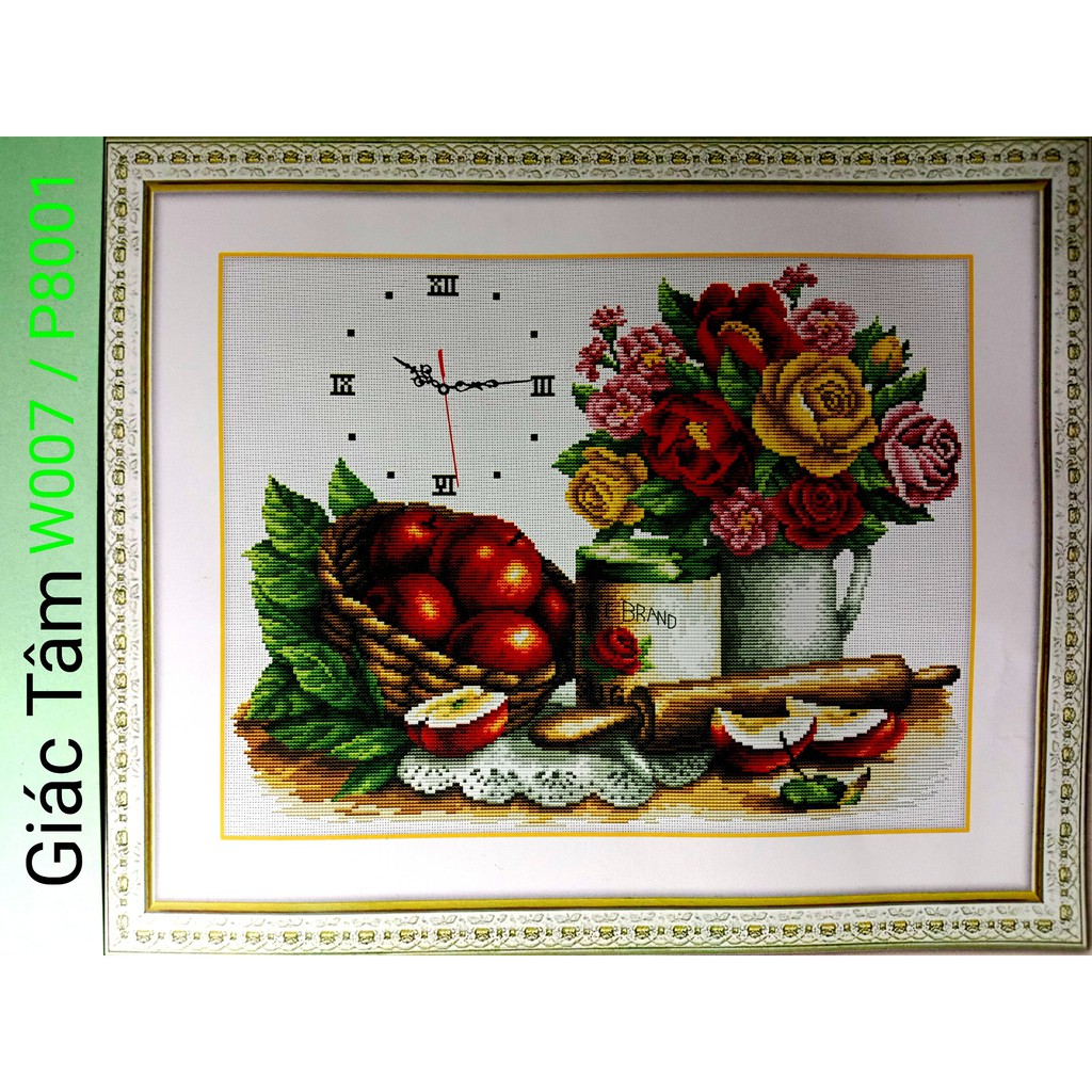 Tranh thêu ĐỒNG HỒ BÌNH HOA HỒNG GIỎ TRÁI CÂY - 59x48cm - W007 P8001 - CHẬU BÔNG - tranh thêu chữ thập chưa thêu