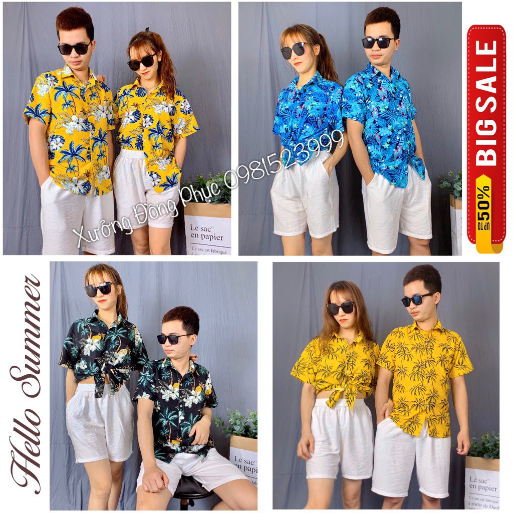 [SALE LẺ=SỈ] Áo sơ mi nhóm lớp đi biển, sơ mi họa tiết hawaii hoa lá, sơ mi đôi nam nữ cực đẹp vải Kate Thái cao cấp