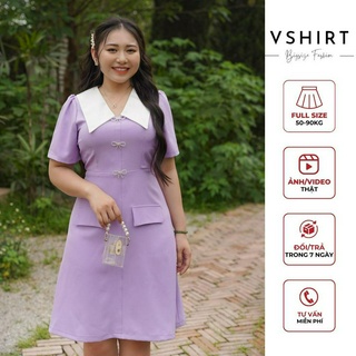 Váy tím liac phối cổ trắng bigsize VSHIRT chất liệu xước hàn