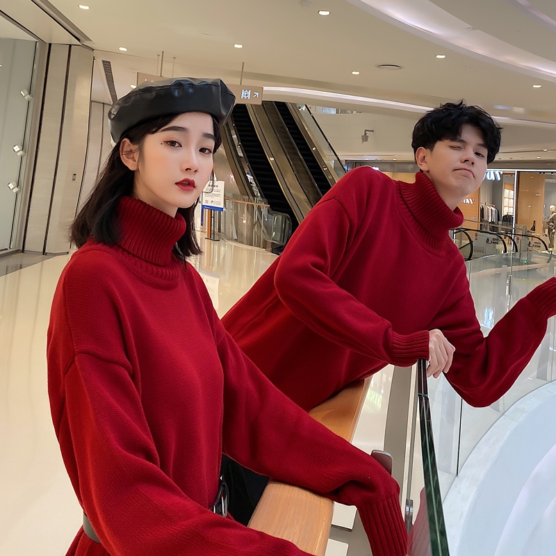 Đồ couple đỏ cặp đôi nam nữ tết noel giáng sinh áo tay dài cổ lọ cao thu đông+đầm thắt nịch eo thon ulzzang có big siz