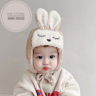 Mũ thỏ lông cừu lót nỉ hoạ tiết đáng yêu cho bé trai, bé gái