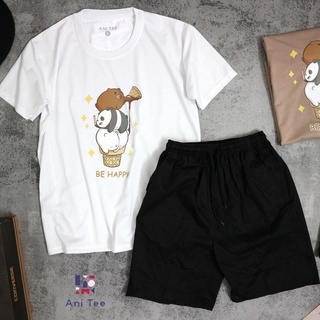 Combo áo thun chất liệu cotton + short kaki hoạt họa 3 gấu happy