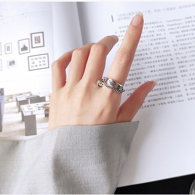 Nhẫn đeo ngón tay dạng hở thiết kế mặt cười chữ cái Tiếng Anh và chuỗi dây phong cách Hàn Quốc thời trang unisex