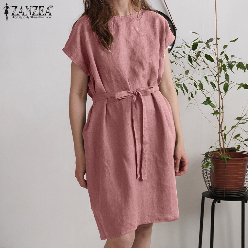 Zanzea Đầm Midi Tay Ngắn Dáng Rộng Màu Trơn Có Túi Tháo Rời Được Phong Cách Châu Âu Thời Trang