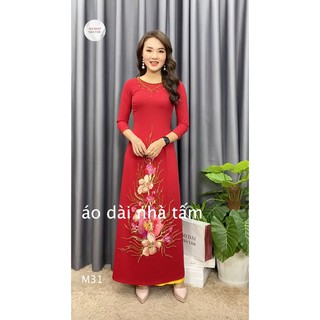 ÁO DÀI MẸ ĐÍNH PHA LÊ VÀ KẾT HOA MÀU ĐỎ CAO CẤP, ÁO DÀI NHÀ TẤM - MÃ M31