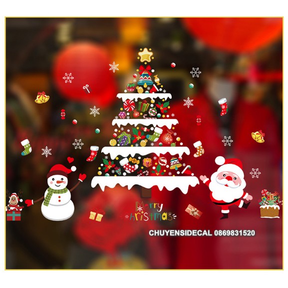 Decal trang trí tường Noel - Cây Thông Họa Tiết Nhiều Phụ kiện đáng yêu