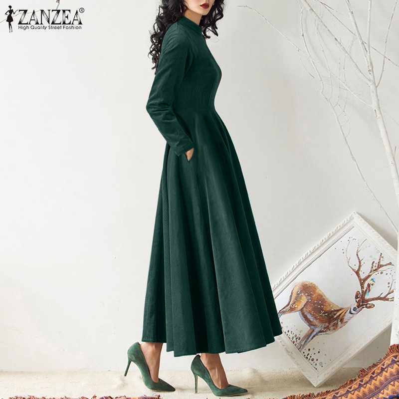 Đầm maxi ZANZEA tay dài cổ tròn lưng cao hợp thời trang dành cho nữ