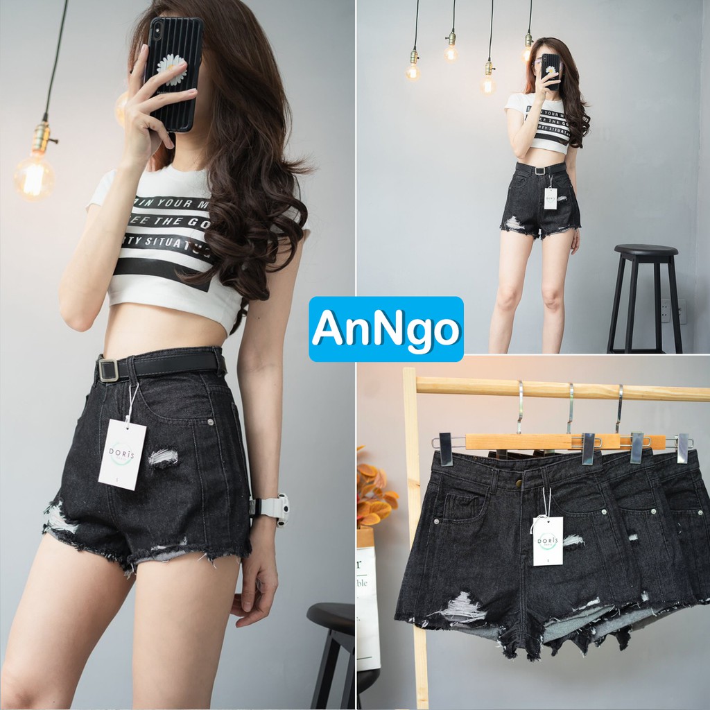 [FREESHIP_50K] Quần short jean nữ lưng cao phối rách denim cotton, rin ngắn phối rách AnNgo - AT73