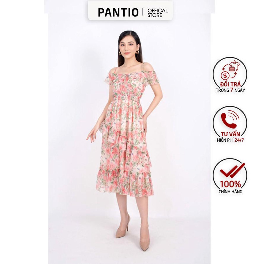 FDP32989 - Đầm dạo phố vải voan dáng xòe vai trễ chân đổ bèo sóng eo chạy smocking - PANTIO