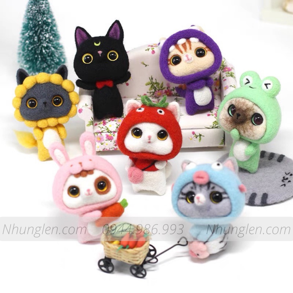 Bộ Len Chọc Mèo Mộng Mơ có hướng dẫn, needle felting cat, quà tặng handmade ý nghĩa