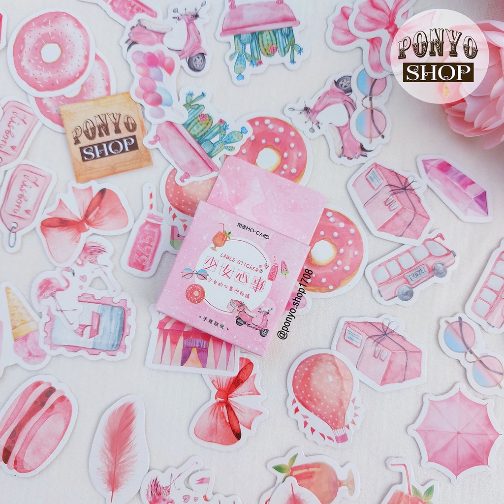 📔 Hộp 46 sticker nhãn dán Pink Travel Diary trang trí Scrapbook