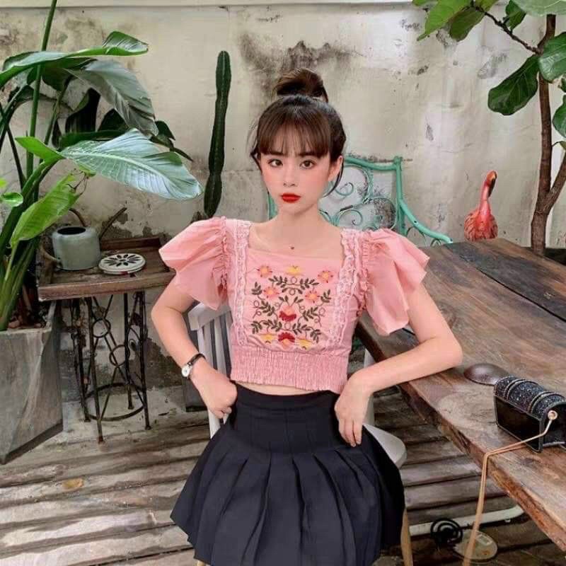Áo croptop tay cánh tiên xèo xinh in hoa SL alohashop91
