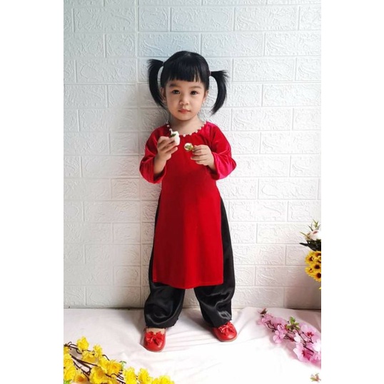 Áo dài nhung truyền thống bé gái kèm mấn / Áo dài trẻ em