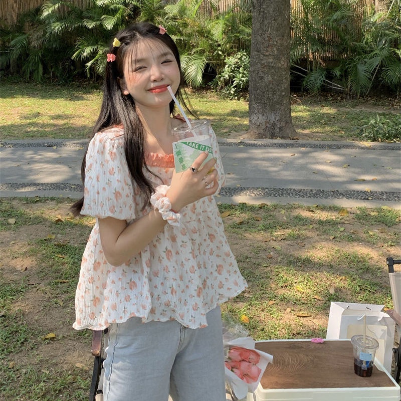 Áo Sơ Mi babydoll Tay Ngắn In Hoa Kiểu Hàn Quốc