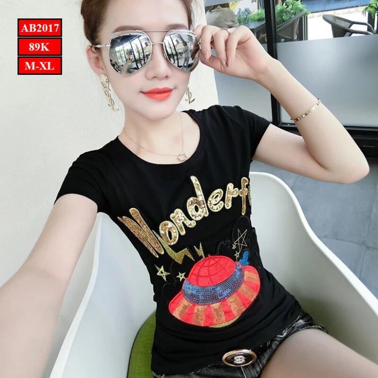 (AB2017)Áo thun nữ cổ tròn tay ngắn họa tiết lạ đính kim sa dáng ôm thời trang sành điệu 😍 ❣️
