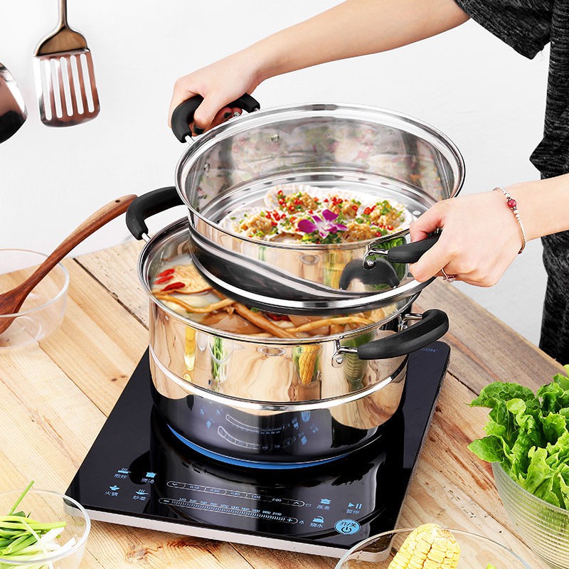 ♚❍Nồi hấp inox ba tầng dày dặn nhiều lớp gia dụng Bếp ga âm 3 đôi 2 chống cháy ' [ XẢ HÀNG ] * # " . `