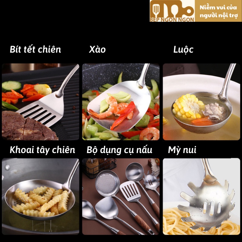 Bộ dụng cụ nấu bếp 5 món muỗng vợt chiên xẻng xúc xẻng gai muôi inox SUS 304 cán gỗ_BEP NGON NGON