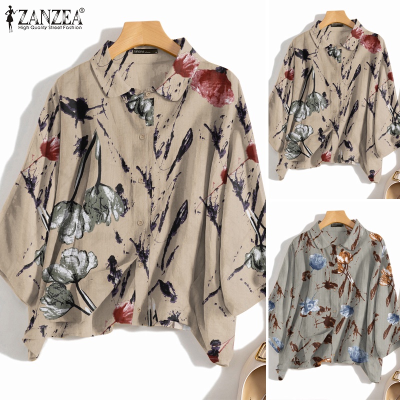 ZANZEA Áo Sơ Mi Tay Dài Cổ Bẻ In Họa Tiết Vintage Thời Trang Cho Nữ