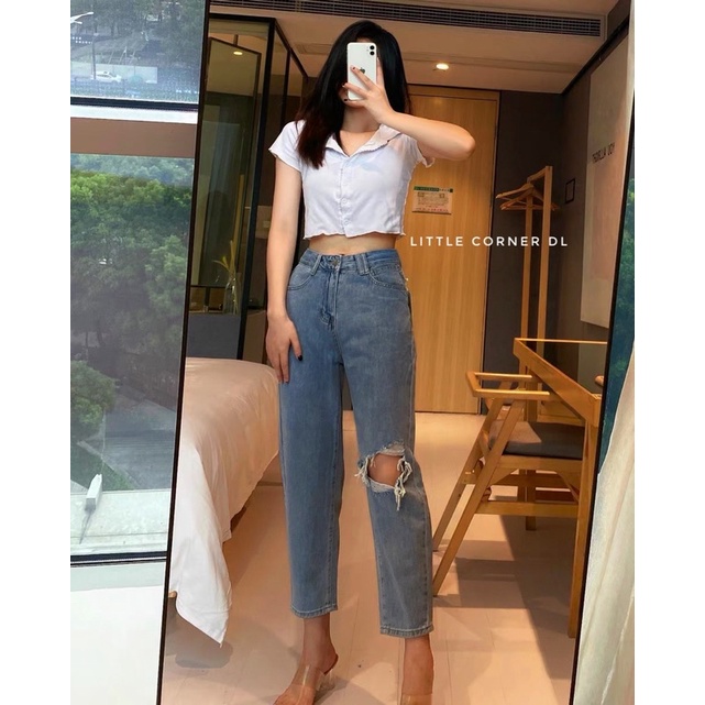 Quần Denim Jean Nữ Rách Gối Was Đùi Màu Xanh Đá Lưng cao Ulzzang kèm ảnh thật