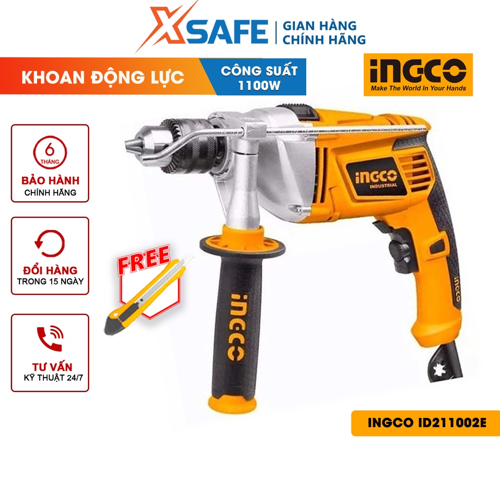 Máy khoan búa cầm tay 16mm INGCO ID211002E công suất 1100w, tốc độ 3000rpm, đầu khoan bằng nhôm 3-16mm có chỉnh tốc