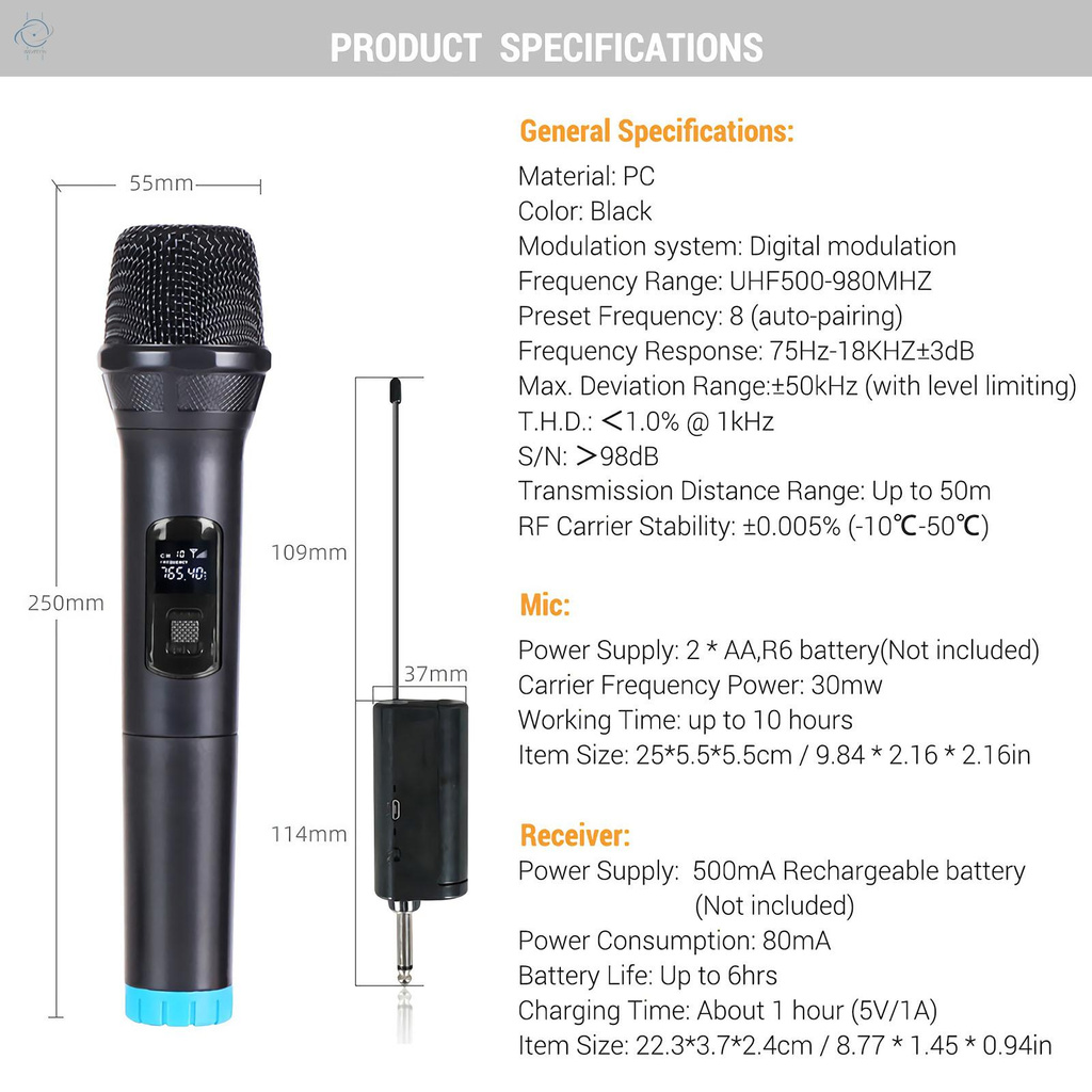 ♫muslady Wireless Karaoke Microphone Professional UHF Dual Channel Dynamic Cordless Microphone Portable Handheld Wireless Mic with Rechargeable Receiver for Karaoke Presentation Wedding Meeting