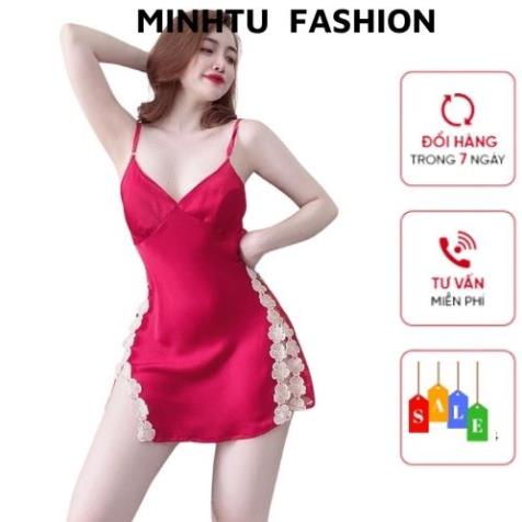 Váy Ngủ Sexy, Đầm Ngủ 2 Dây Kèm Quần ( Có Mút Ngực ) Chất Lụa Satin Phối Ren Hông Sexy Quyến Rủ, Gợi Cảm