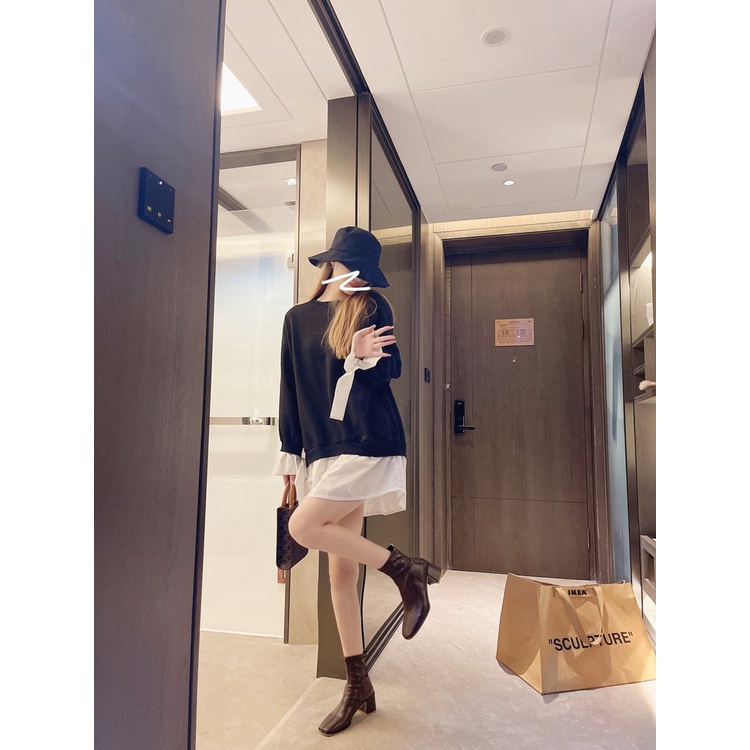 Giày bốt cao gót mũi vuông phối khóa kéo thời trang cho nữ