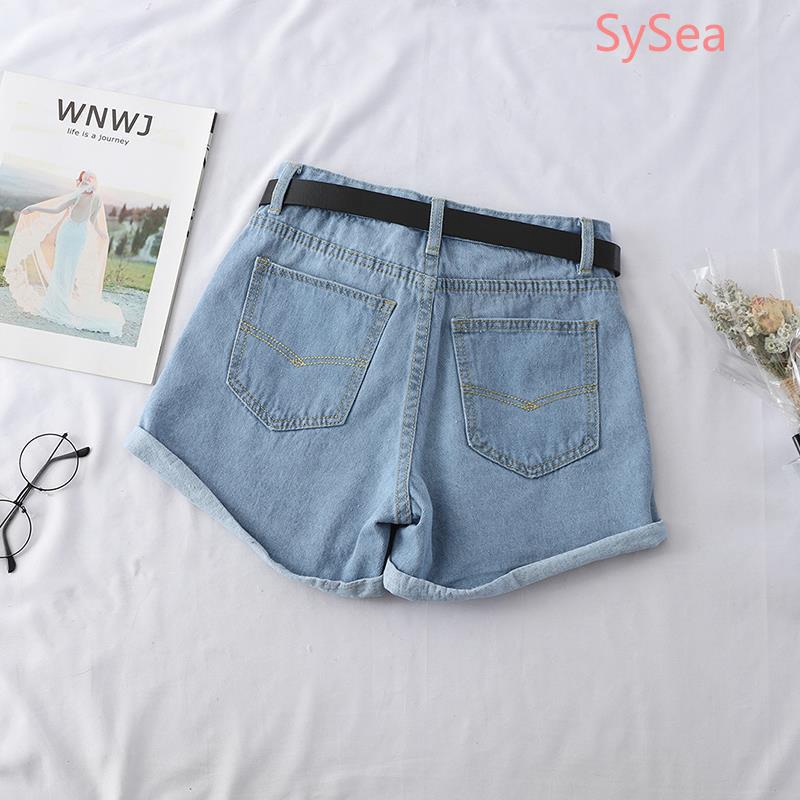Quần đùi denim lưng cao ống rộng phong cách mùa hè Hàn cho học sinh kèm dây nịt