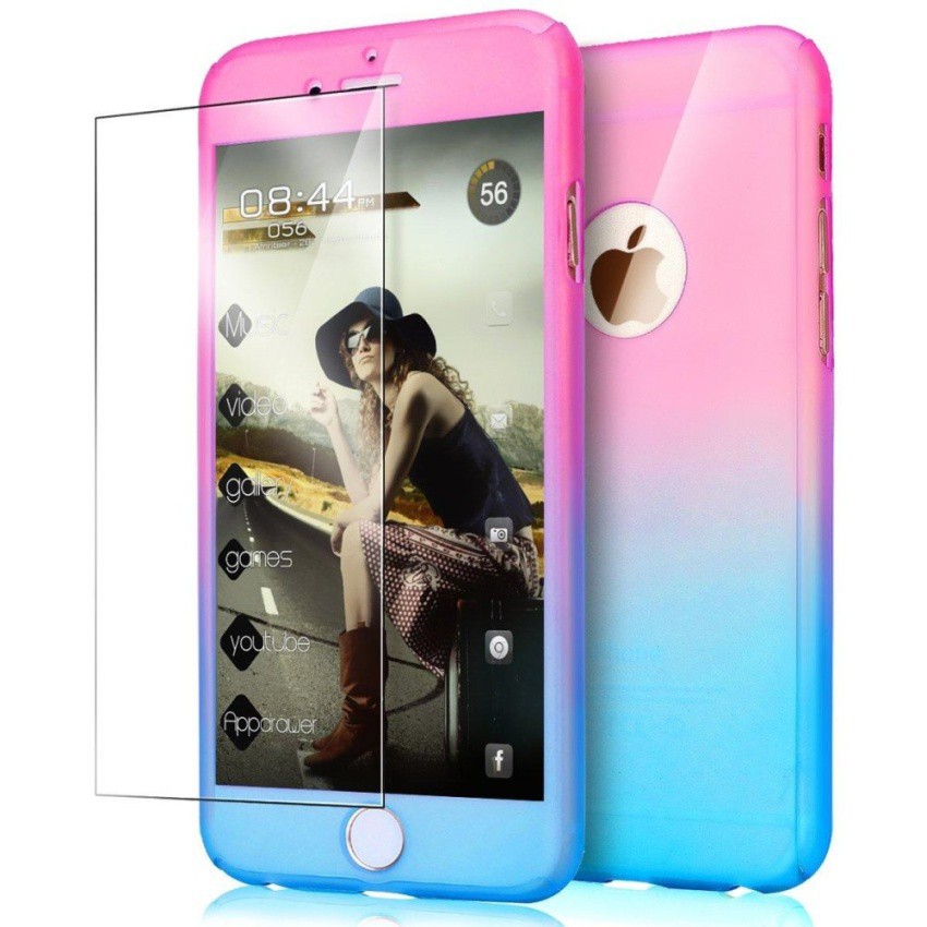 Ốp lưng PC cứng 360° 3 trong 1 bảo vệ toàn diện màu gradient cho iPhone 7 Plus 5.5" kèm kính cường lực