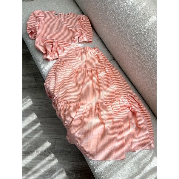 Set váy dáng dài đi biển 🍊FREESHIP 🍊 Set váy dáng suông dài họ tiết kẻ tông màu pastel cực xinh hồg xanh vàng cam