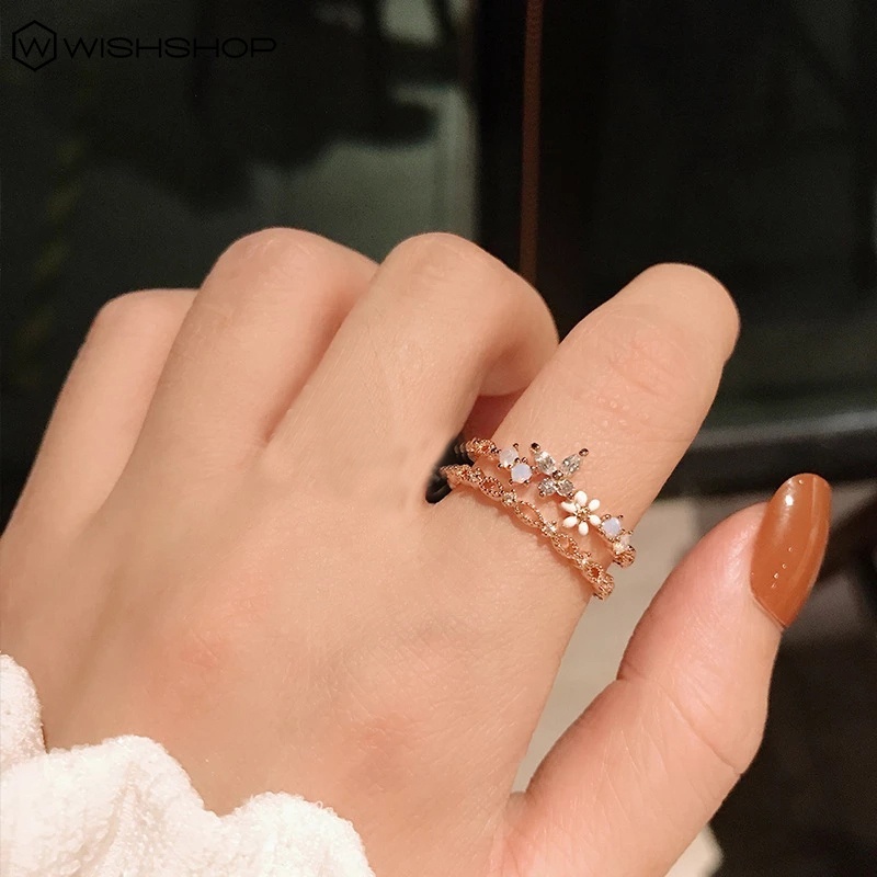 Nhẫn Hở Hai Lớp Đính Đá Zircon Thời Trang Hàn Quốc Cổ Điển Cho Nữ