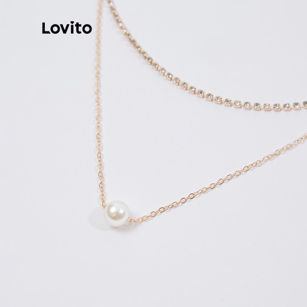 Vòng cổ Lovito hai lớp đính đá/ngọc trai giả phong cách thường ngày L18M128 (màu vàng)