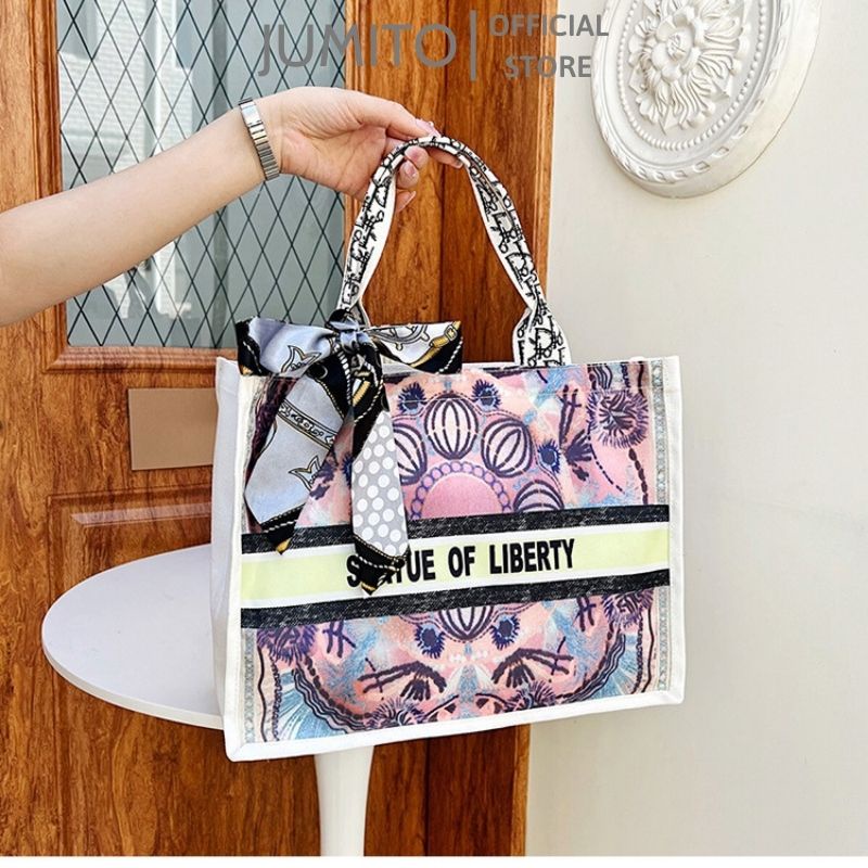 Túi xách nữ đeo vai cầm tay bản vải chống thấm họa tiết thắt nơ hot trend 2022 JUMITO T1.032.TR