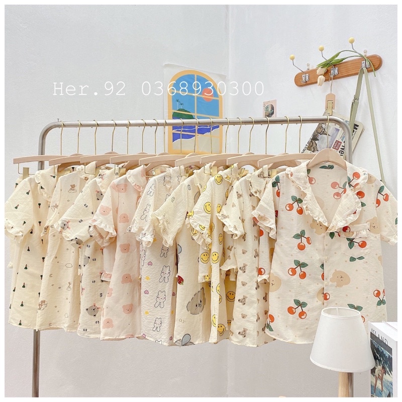 Đồ ngủ xinh bộ mặc nhà chất đũi hoạ tiết dễ thương phong cách hàn quốc