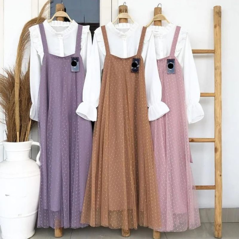 | Áo choàng MIA OVERALL SET INNER OUTER | Đầm nữ dài tay cổ tròn thời trang Hàn | Váy POLKADOT chấm bi | Quần áo tuổi teen