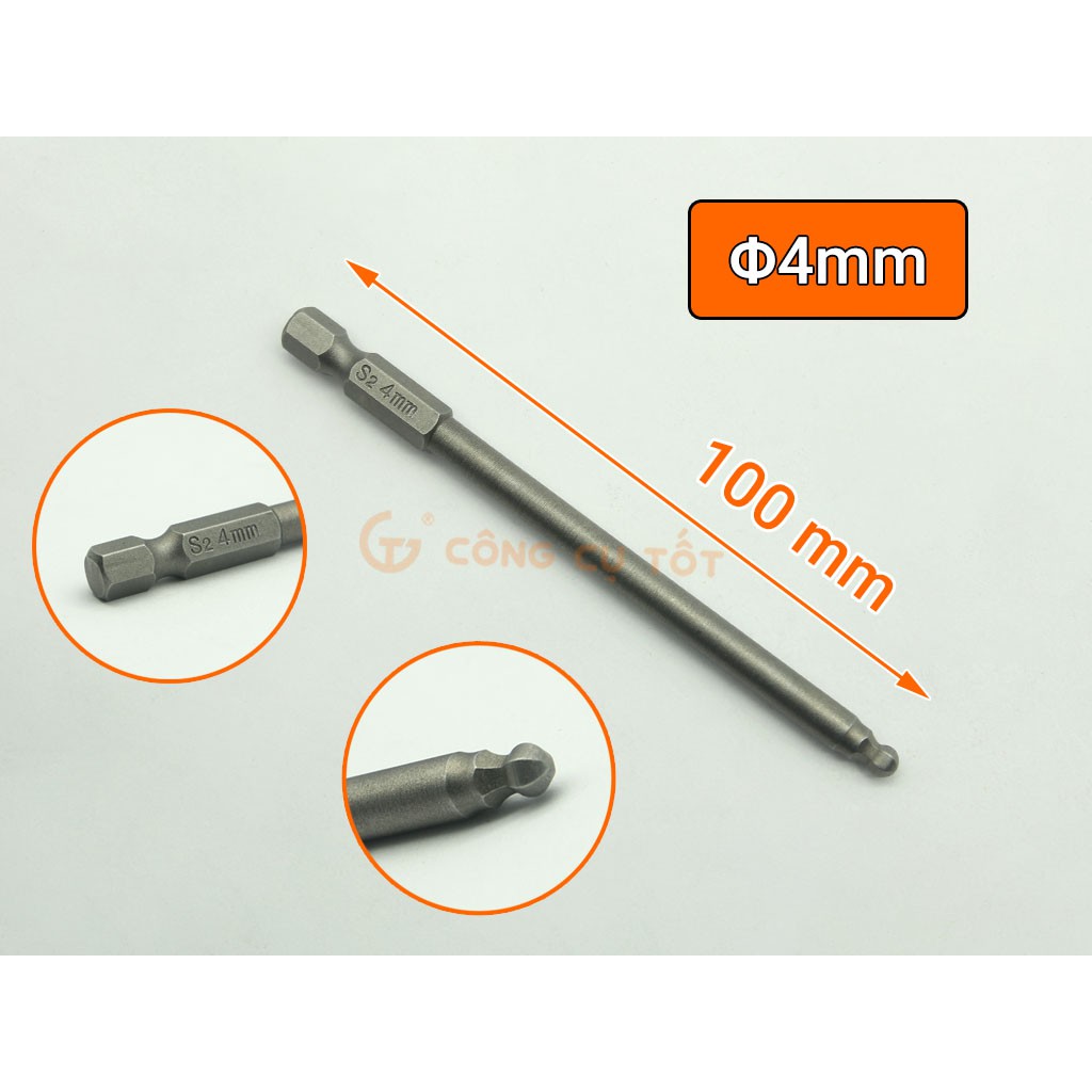 Đầu bắt vít lục giác bi dài 100mm chuôi lục thép S2