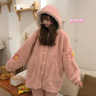 Bộ đồ ngủ/mặc nhà lông thú họa tiết hoa xinh xắn có mũ trùm đầu