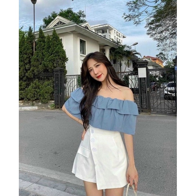 SET ÁO XANH BẸT VAI + CHÂN VÁY TRẮNG ĐẮP